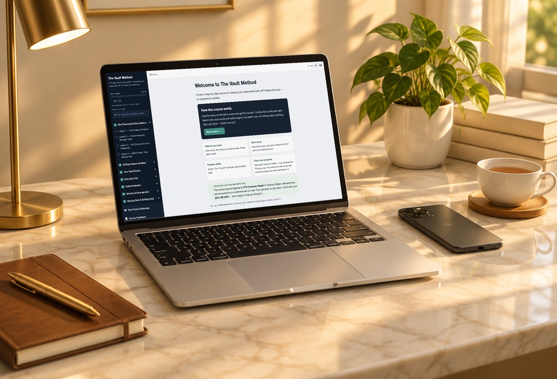 The Vault Method course open on a laptop at a sunlit desk.